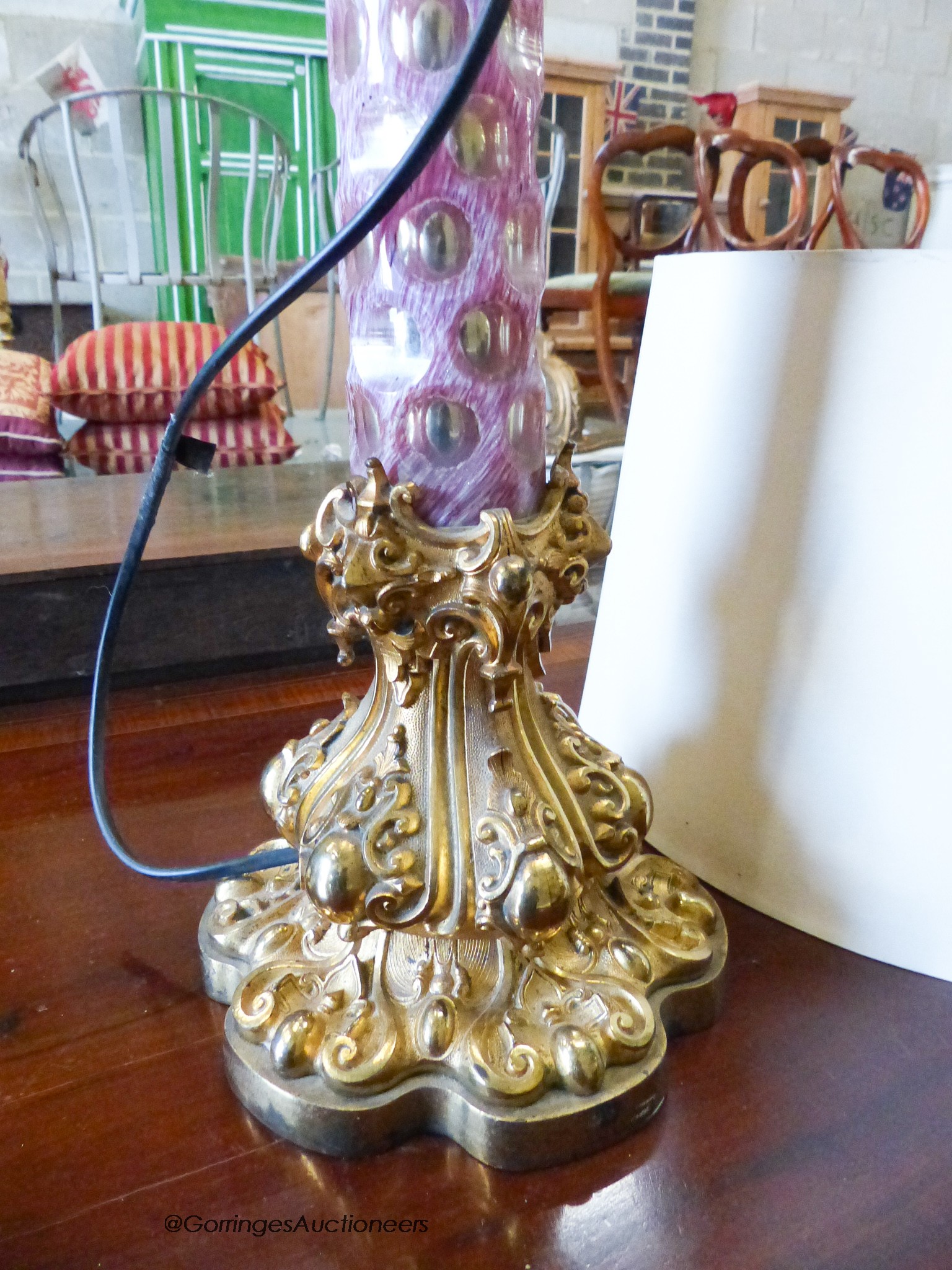 A 19th century ormolu and Bohemian glass standard lamp, height 112cm